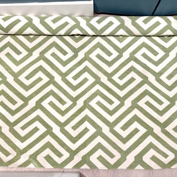 Green White Zig Zag Area Rug 71x49" (6x4 ft) Geometric Greek Key Handwoven